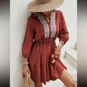 Ruffle Hem Tassel Detail Belted Embroidery Dress